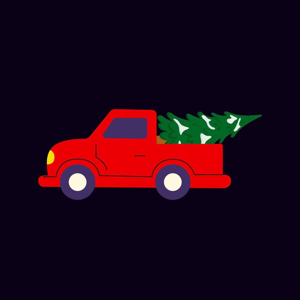 Red truck transporting a Christmas tree through a winter evening landscape vector