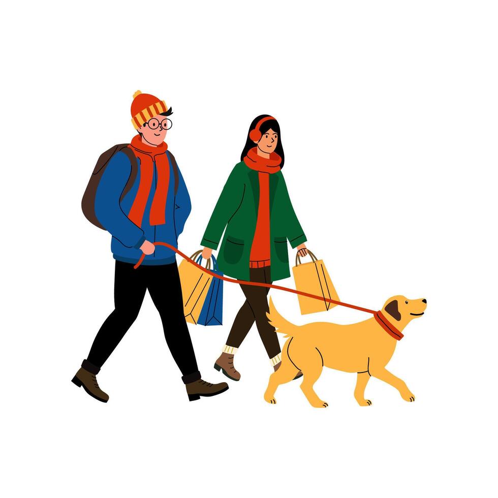 Young couple enjoys a day out walking their dog while carrying shopping bags vector