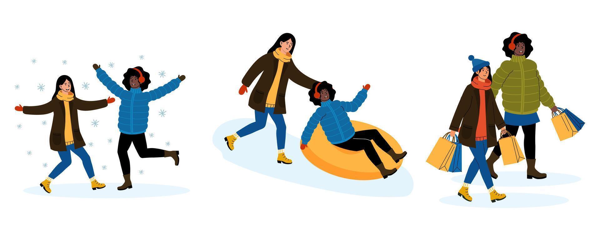 Friends enjoying winter activities, including skating and tubing in a snowy landscape vector