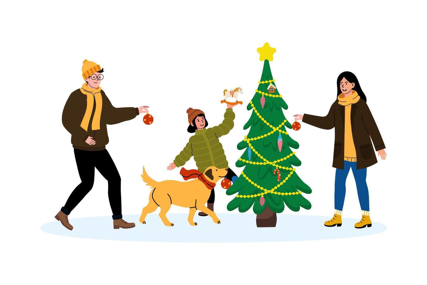 Family decorating a Christmas tree with ornaments and a dog in winter setting vector