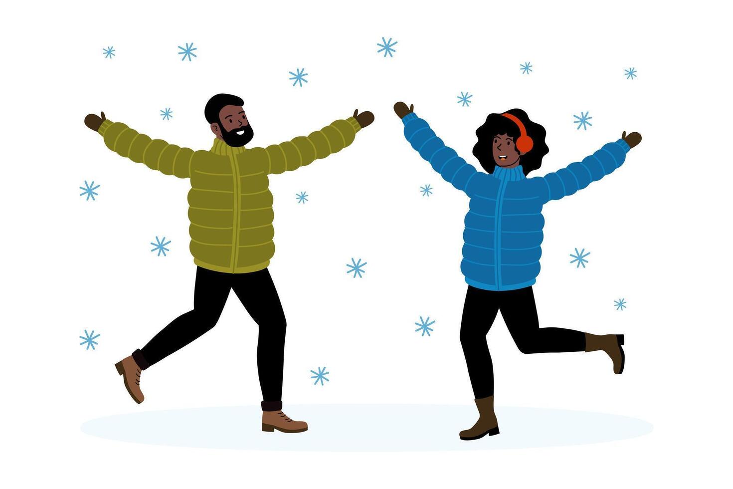 Happy couple enjoying snowfall during winter in warm jackets vector