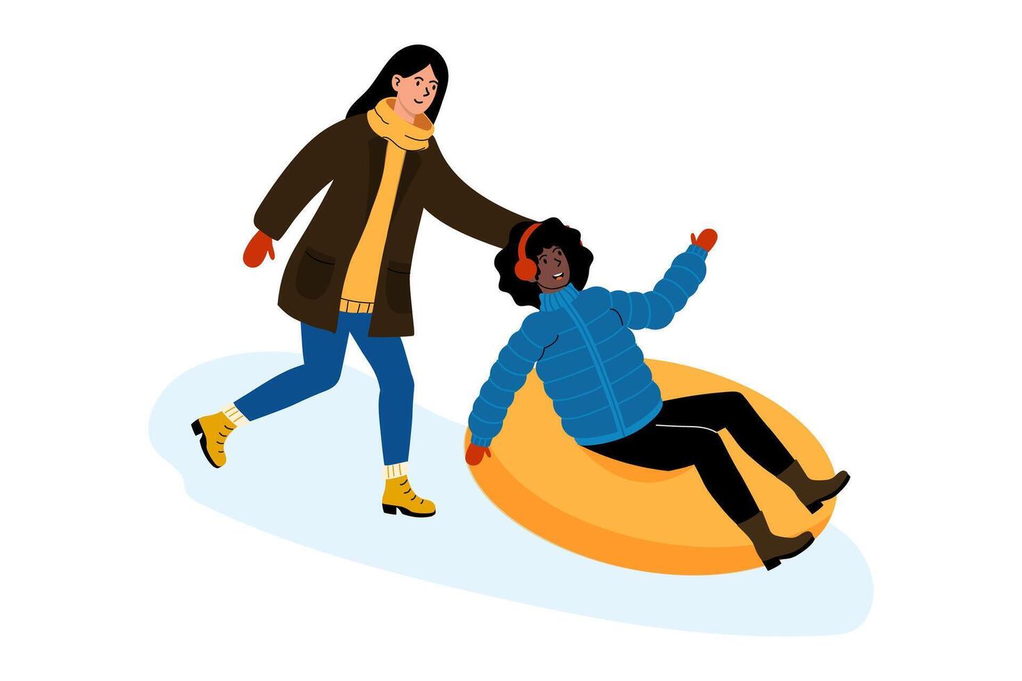 Fun winter activity with friends enjoying tubing on a snowy hill vector