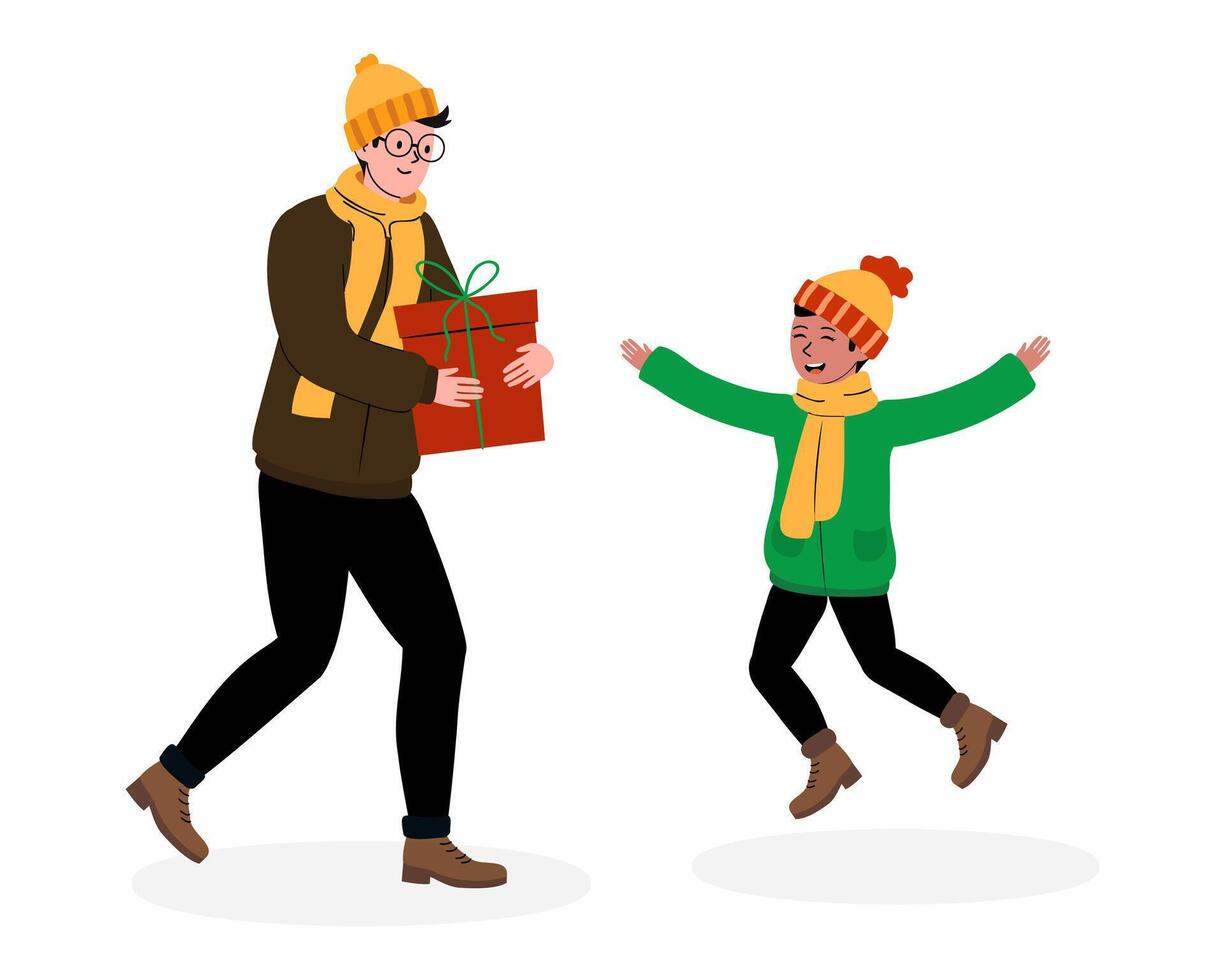 Father surprises son with gift while enjoying a joyful winter day outdoors vector