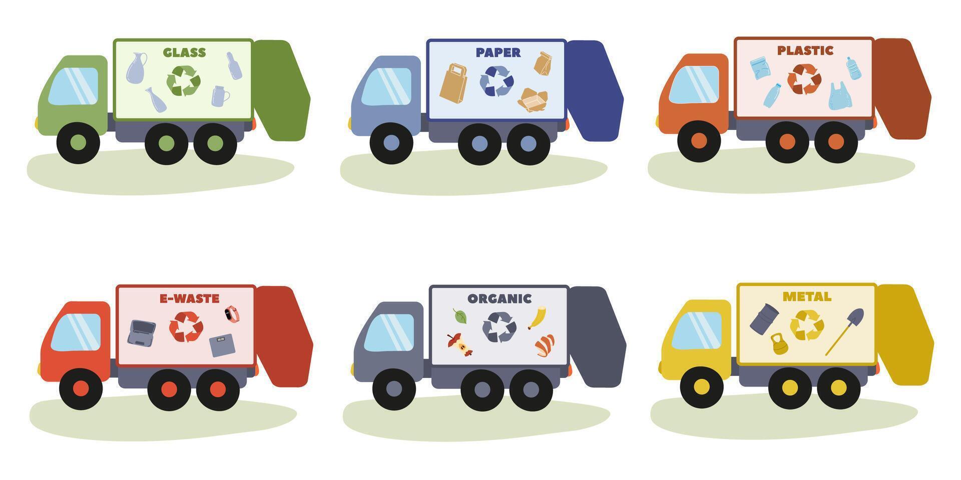 Recycling trucks parked in a line ready for collection of various materials vector