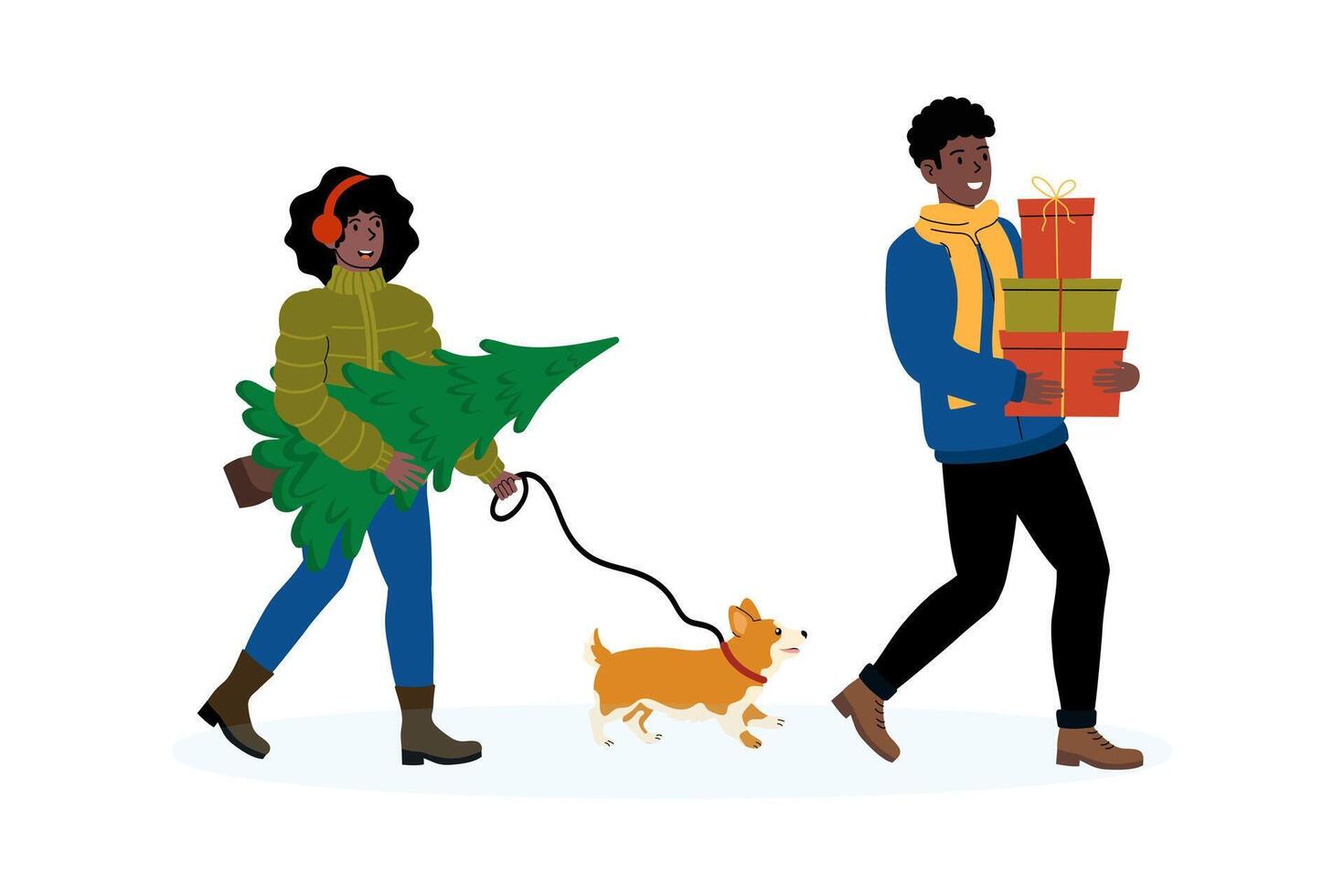 Couple enjoys winter outing while carrying Christmas tree and gifts with their dog vector