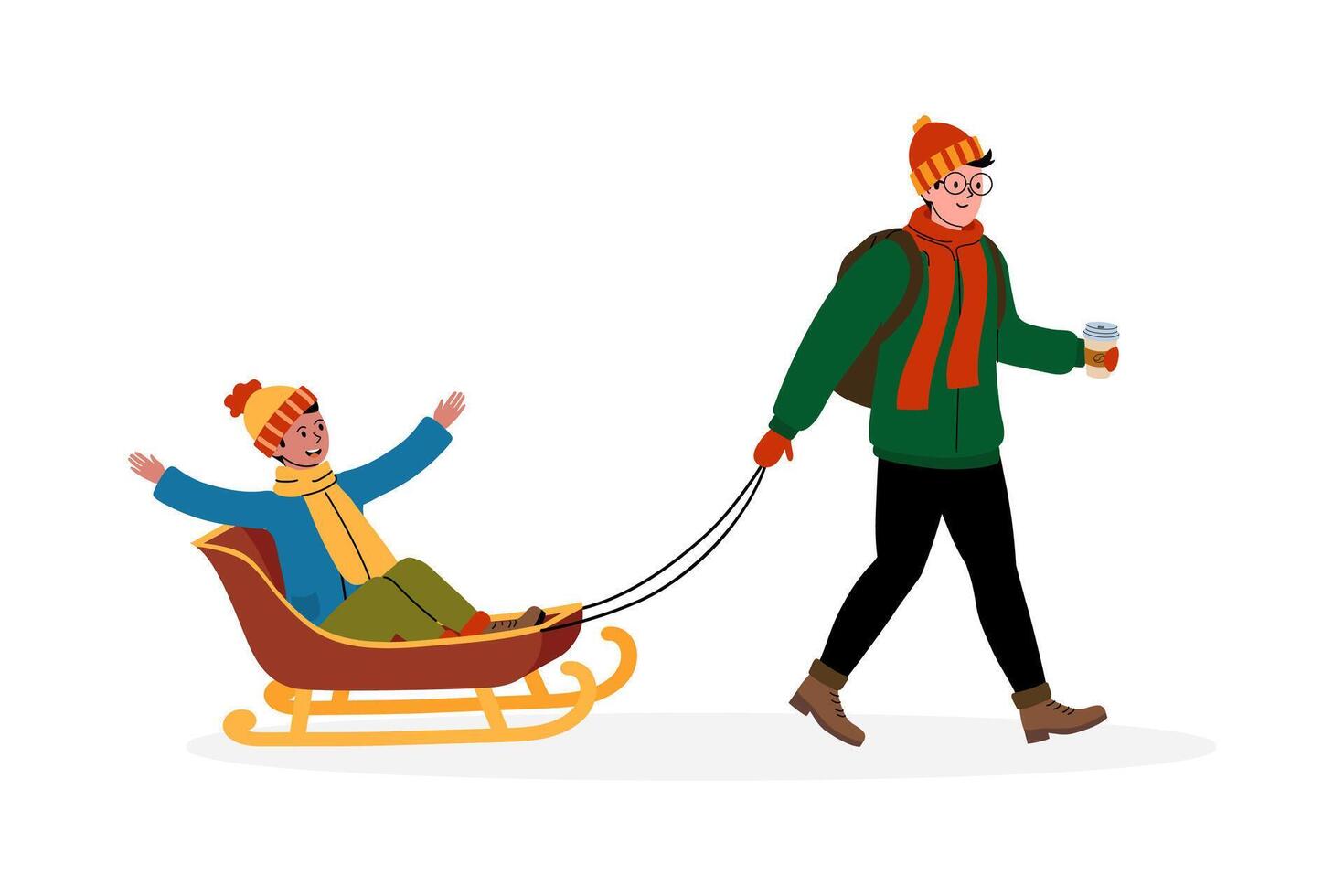 Child enjoys winter sleigh ride while adult pulls sled through snowy landscape vector