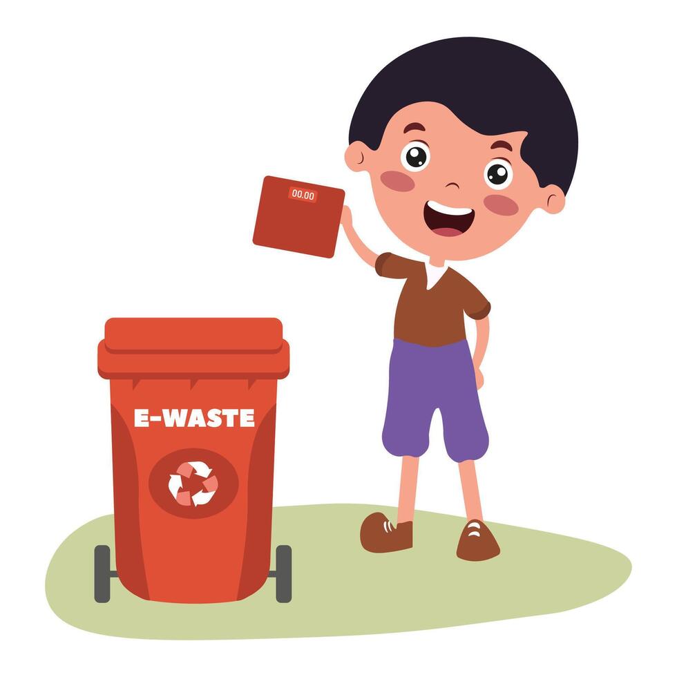 Child happily disposing of e-waste in recycling bin at home vector