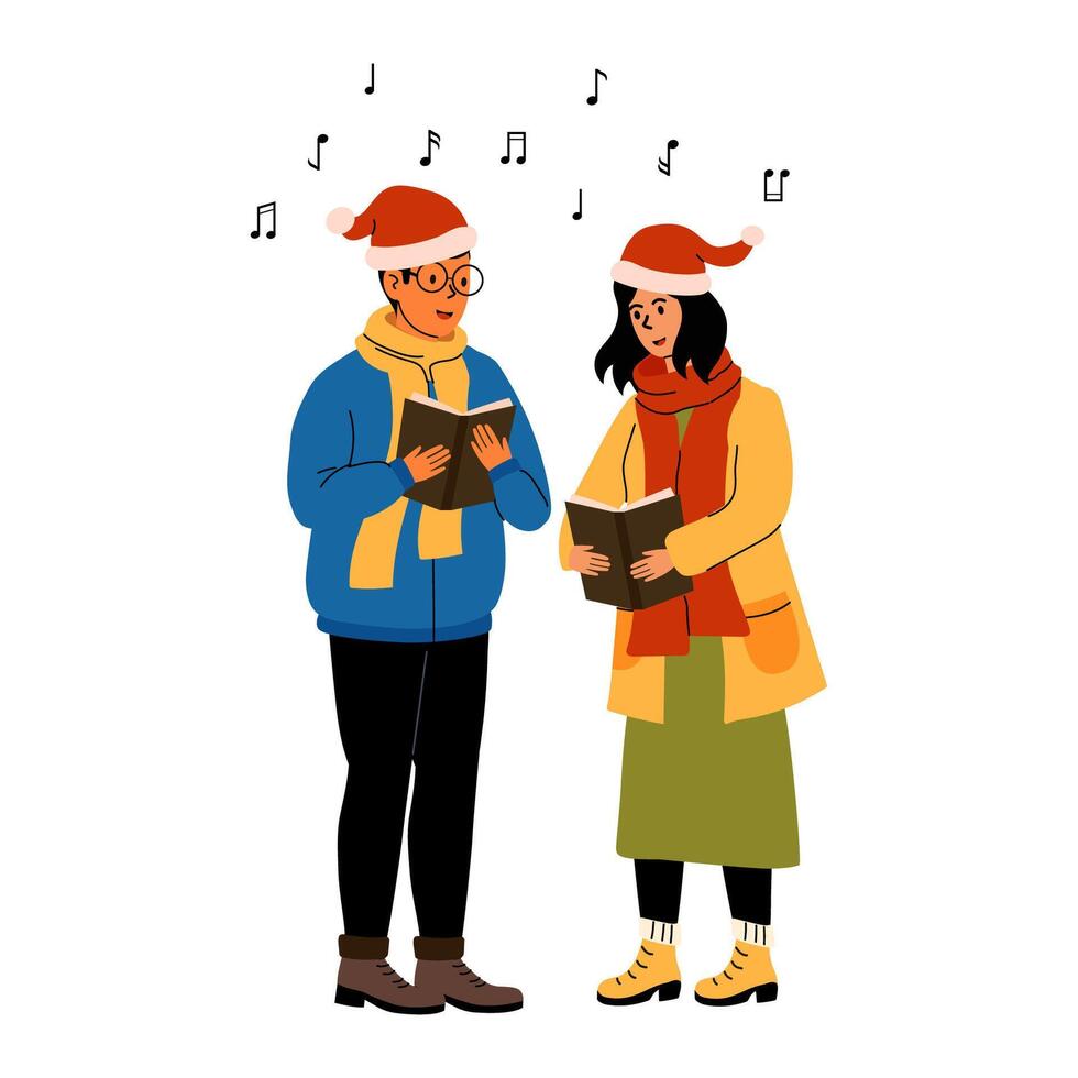 Couple singing holiday carols while wearing festive hats in a joyful atmosphere vector