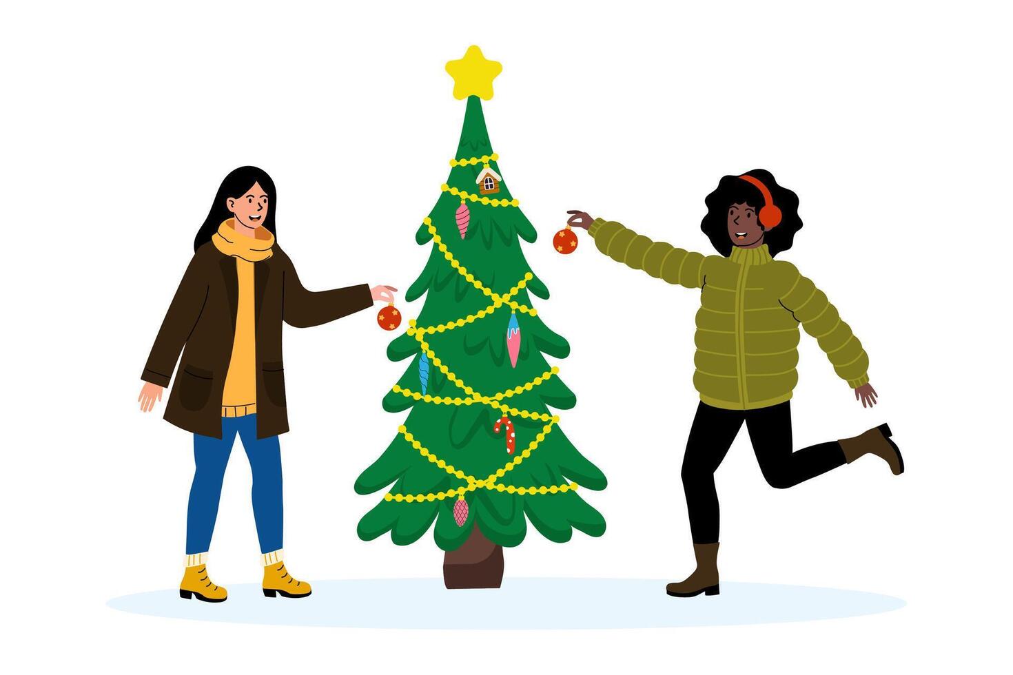 Friends decorate a Christmas tree together in a festive celebration during winter season vector
