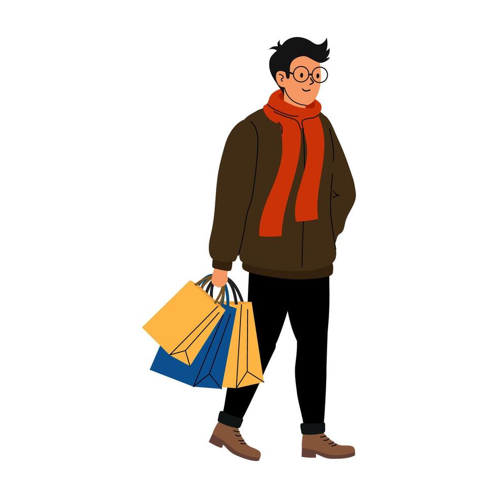 Young man walks with shopping bags in casual attire during winter stroll vector