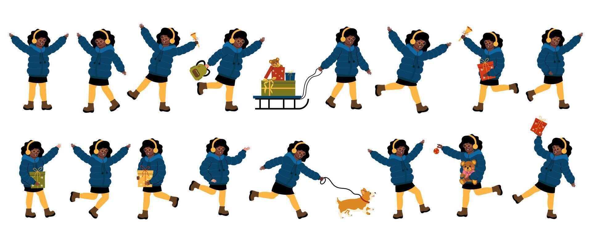 Joyful winter activities with a child playing, carrying gifts, and walking a dog vector