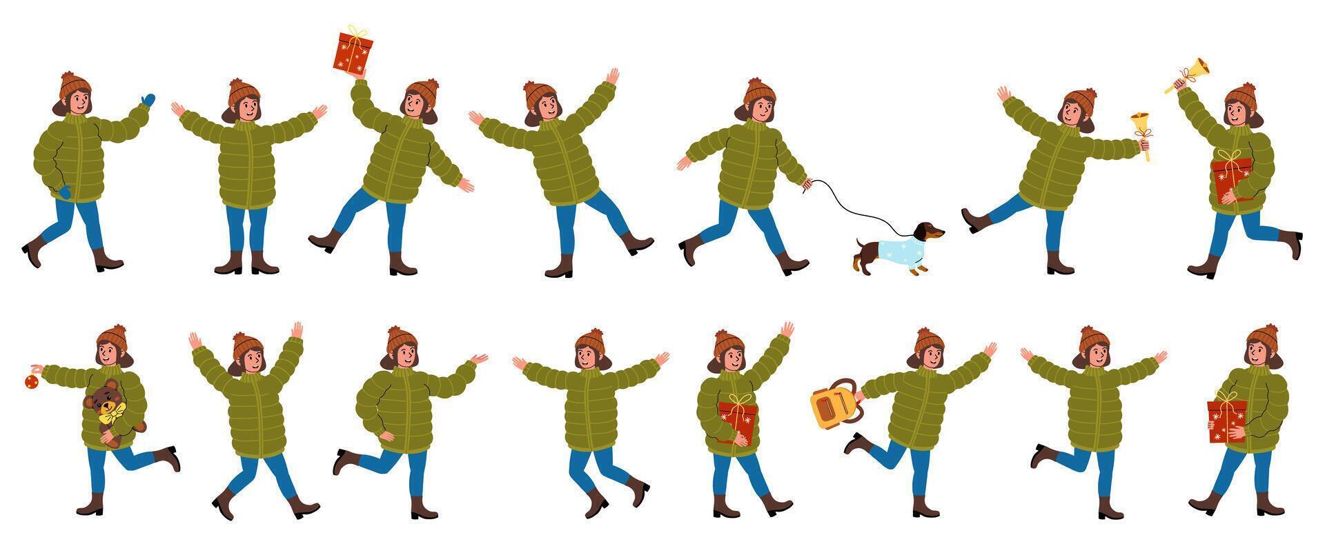 Girl joyfully celebrating and engaging in festive activities while wearing a green coat vector
