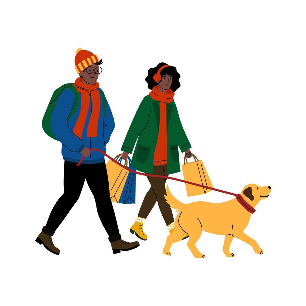 Couple enjoys a winter walk while shopping with their dog in a festive atmosphere vector