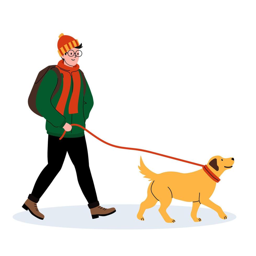 Man walking a golden retriever in a winter setting with a cheerful demeanor vector