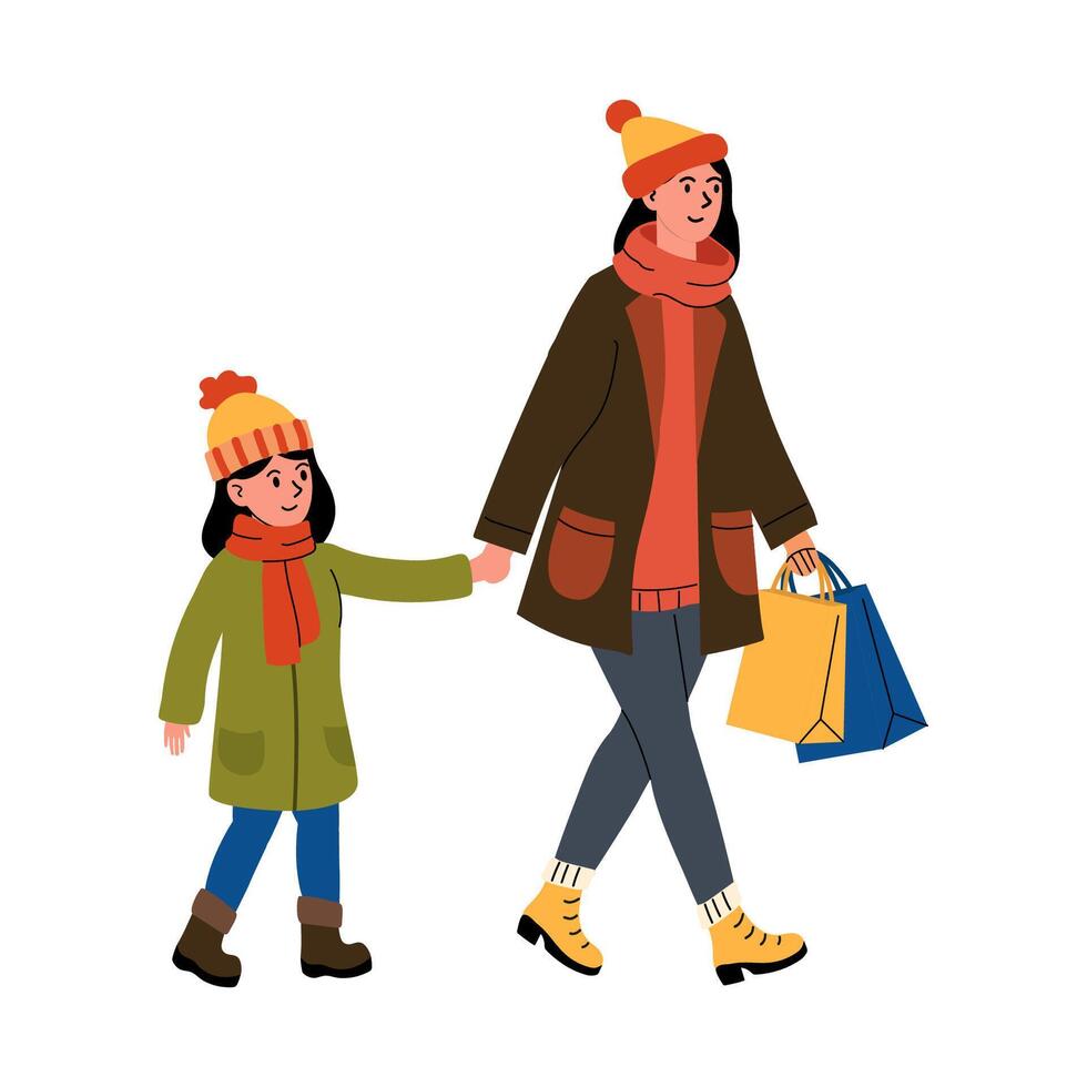 Mother and daughter enjoy a winter shopping outing with festive hats vector
