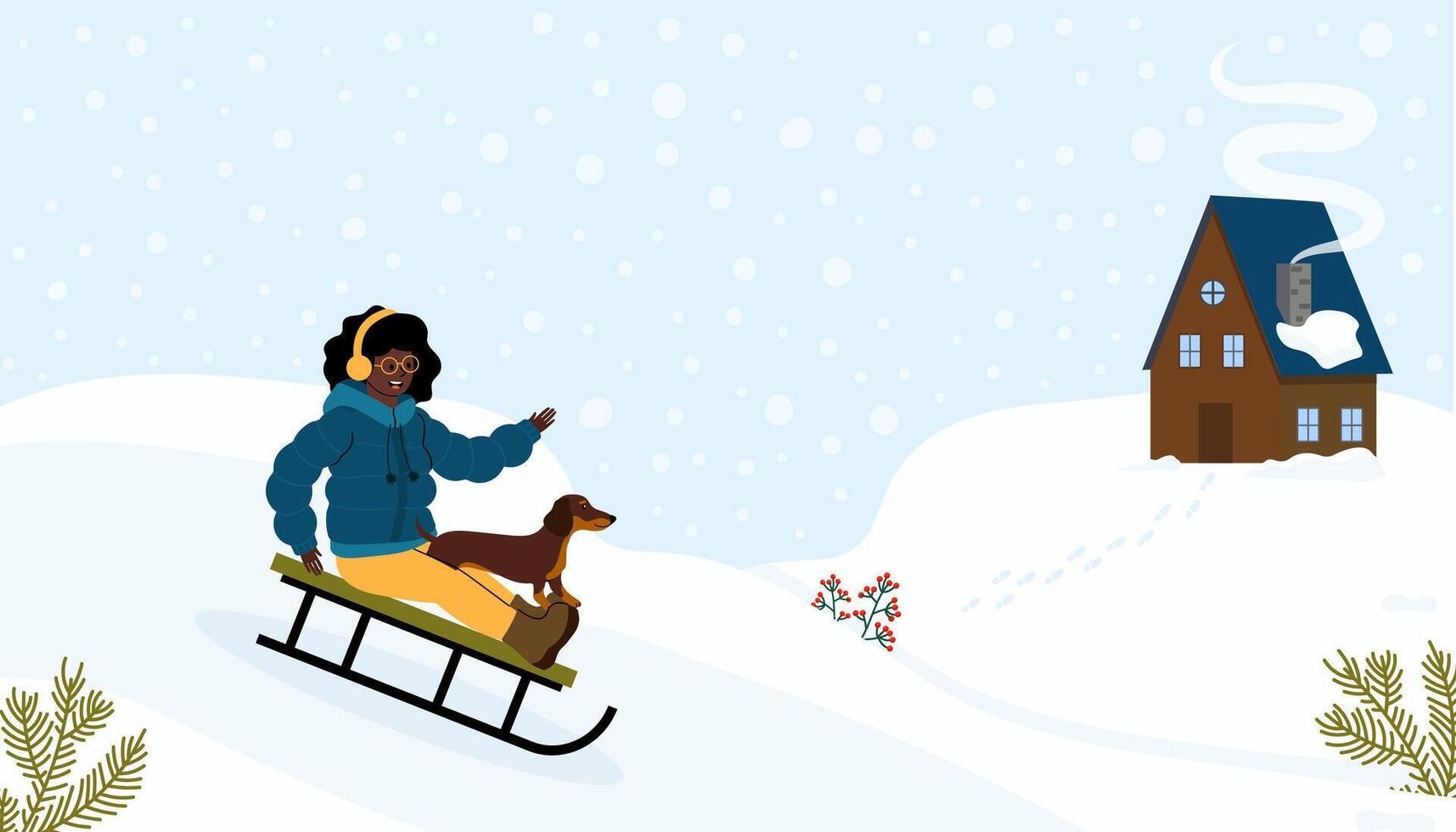 Fun winter day of sledding with a dog in a snowy landscape near a cozy cabin vector