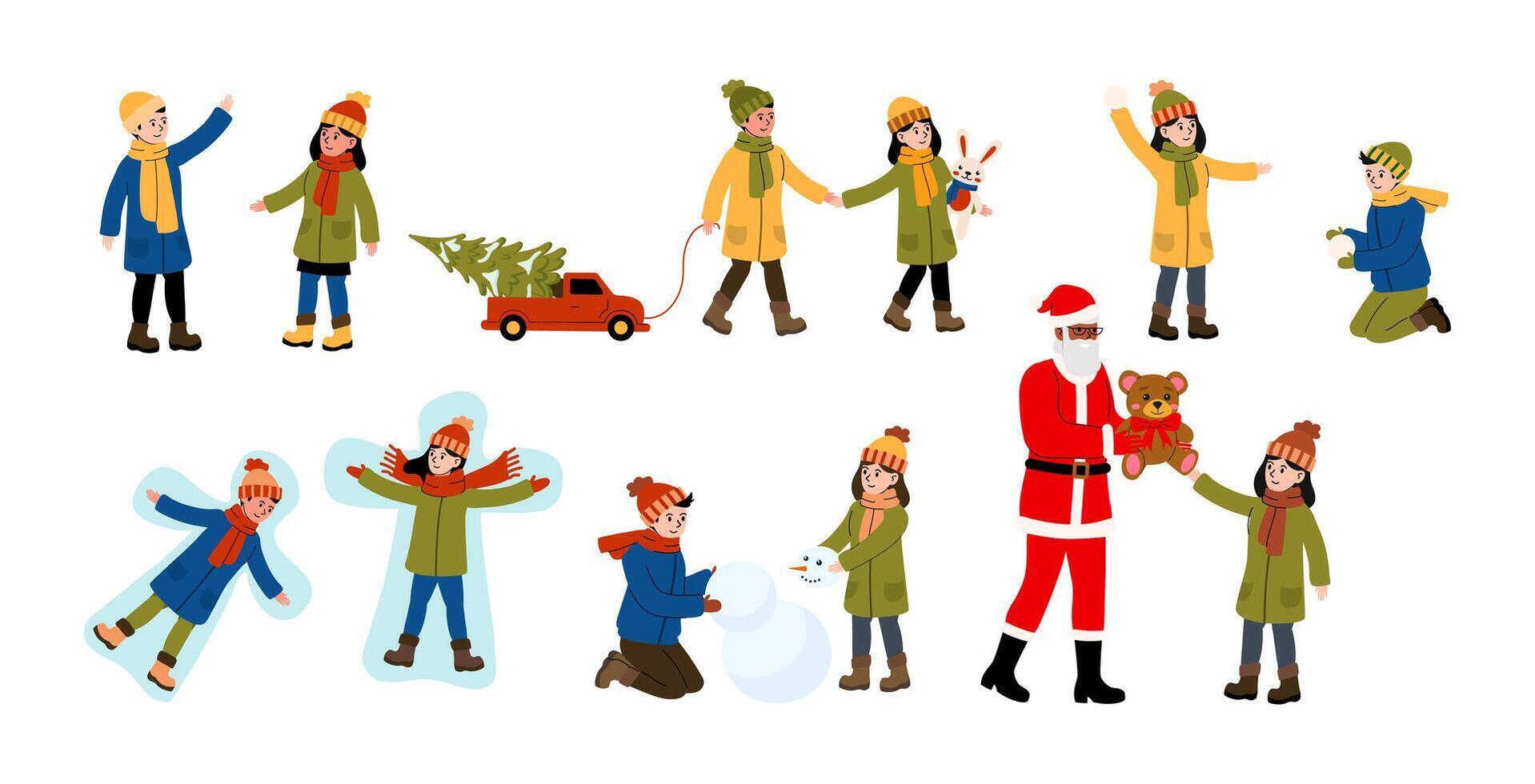 Holiday season activities with children enjoying winter and Santa Claus in a festive setting vector