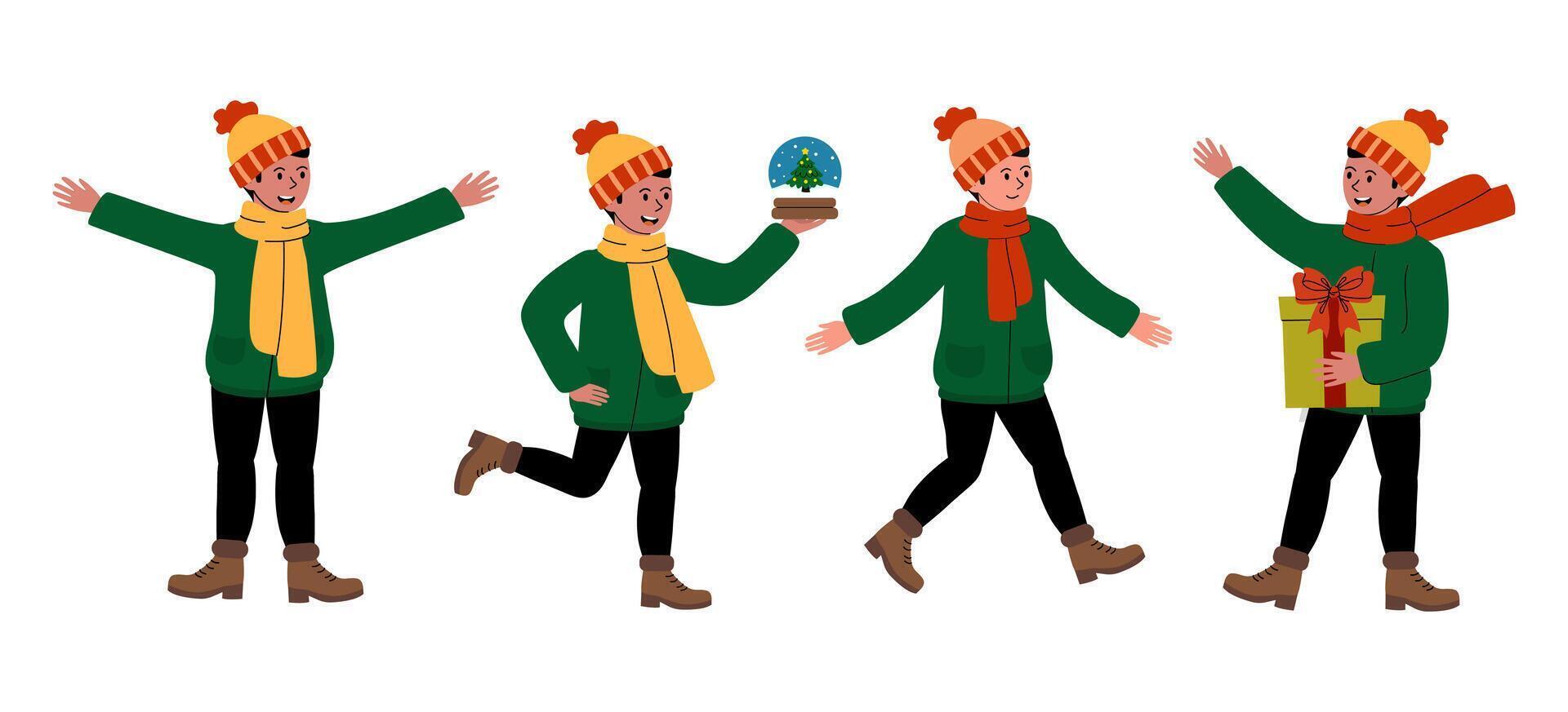 Cheerful child enjoying winter activities with gifts and decorations in a festive atmosphere vector