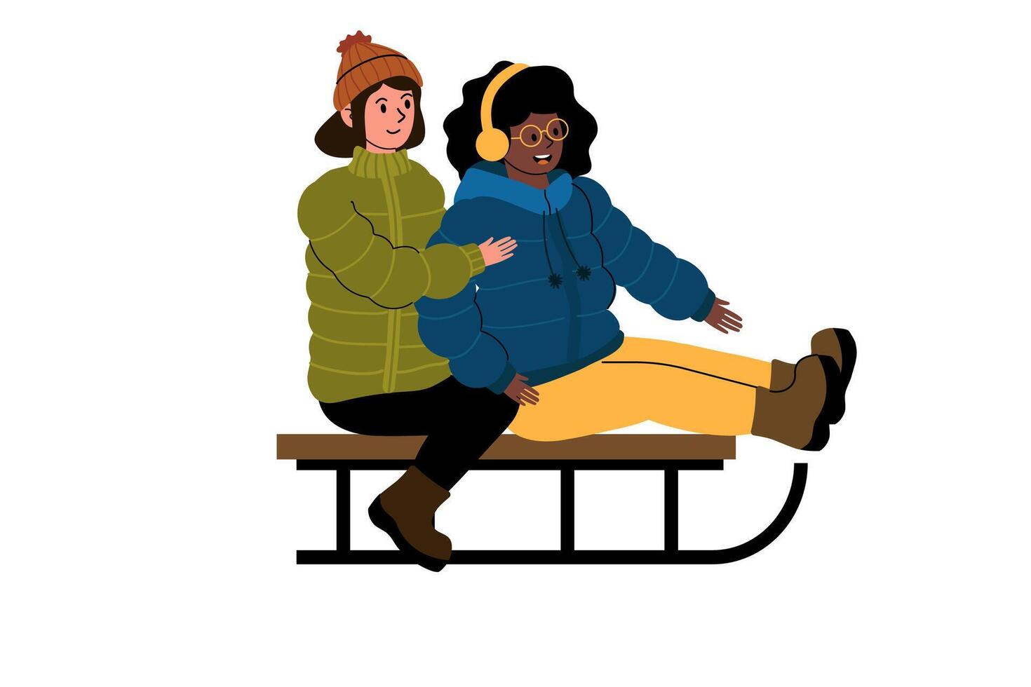 Friends enjoying a winter sledding adventure in warm jackets on a snowy day vector