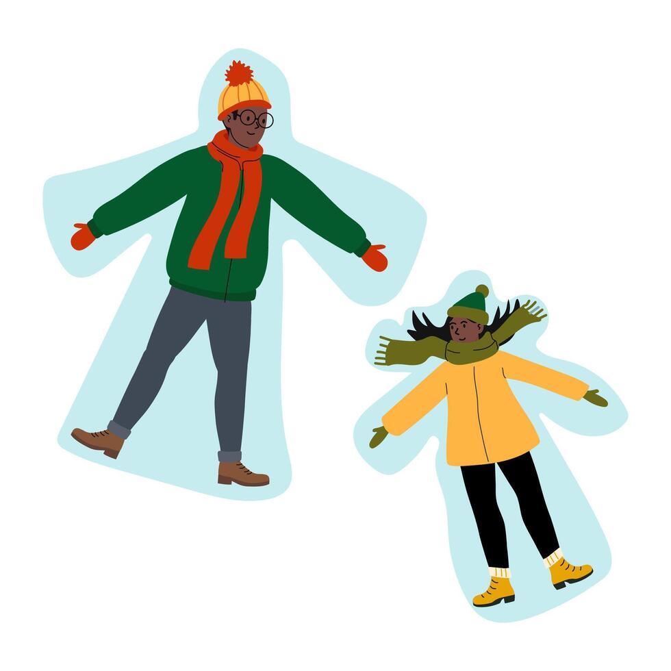 Winter fun with friends making snow angels in a snowy landscape vector