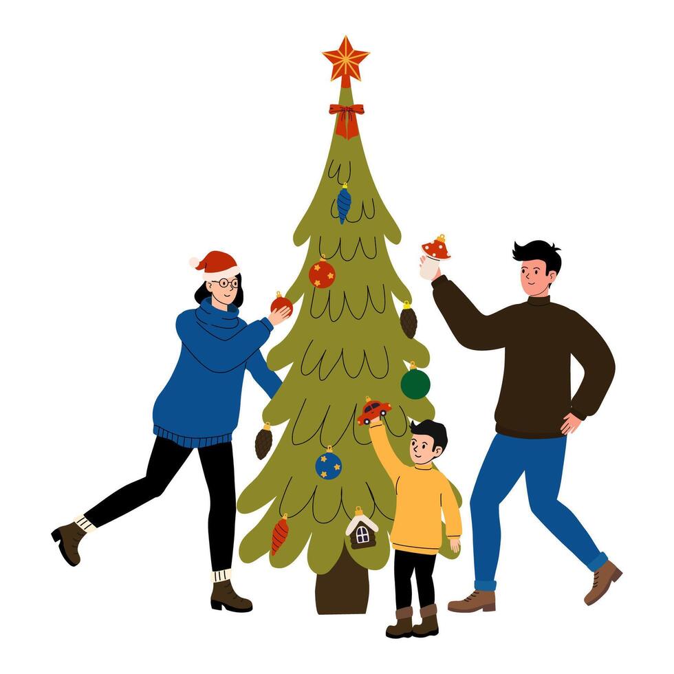 Family decorating a Christmas tree together in a cozy home setting during the holiday season vector