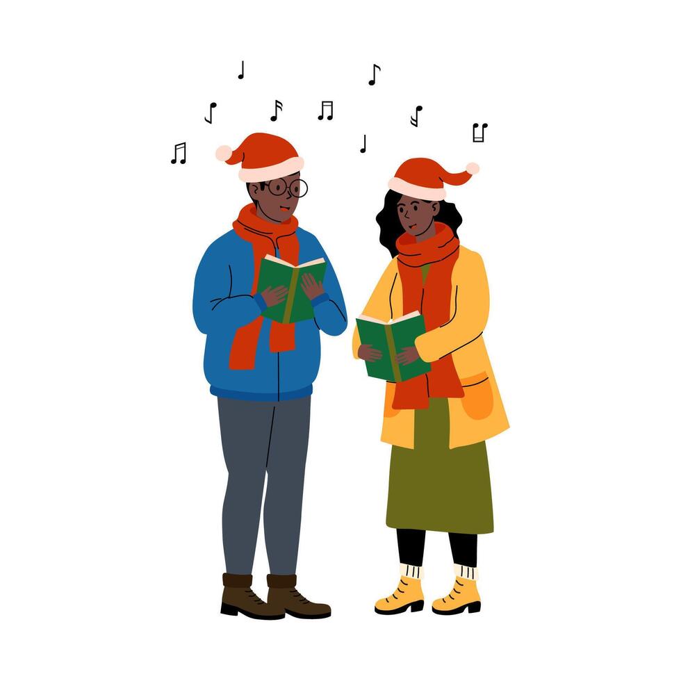 People singing holiday songs while wearing Christmas hats and scarves in a winter setting vector