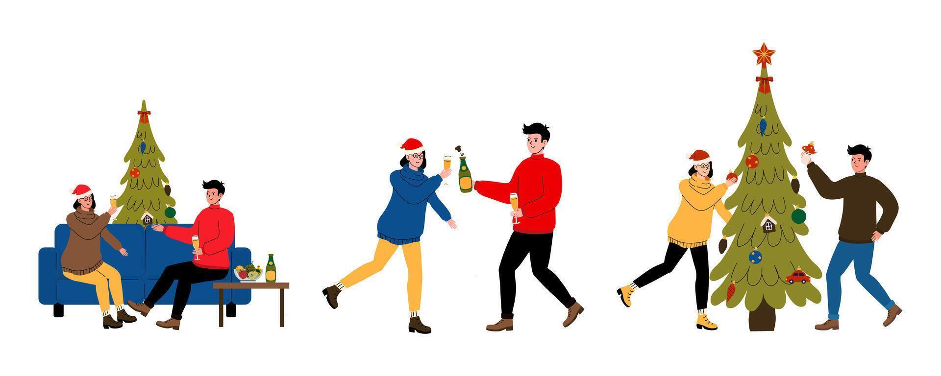 Holiday celebrations with friends at home featuring a festive Christmas tree vector