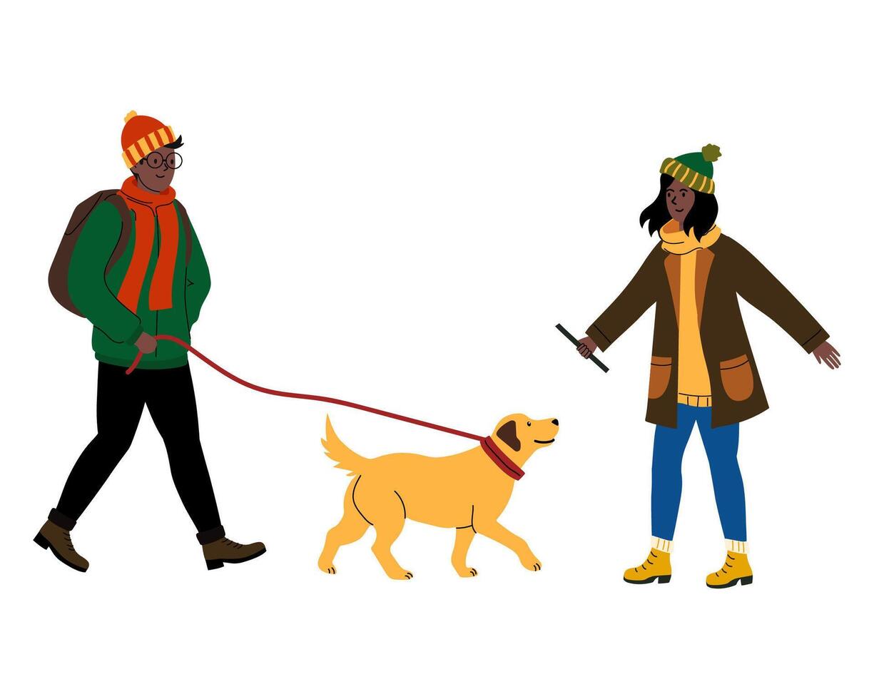 Couple enjoys walking their dog in a park during a sunny day in autumn vector