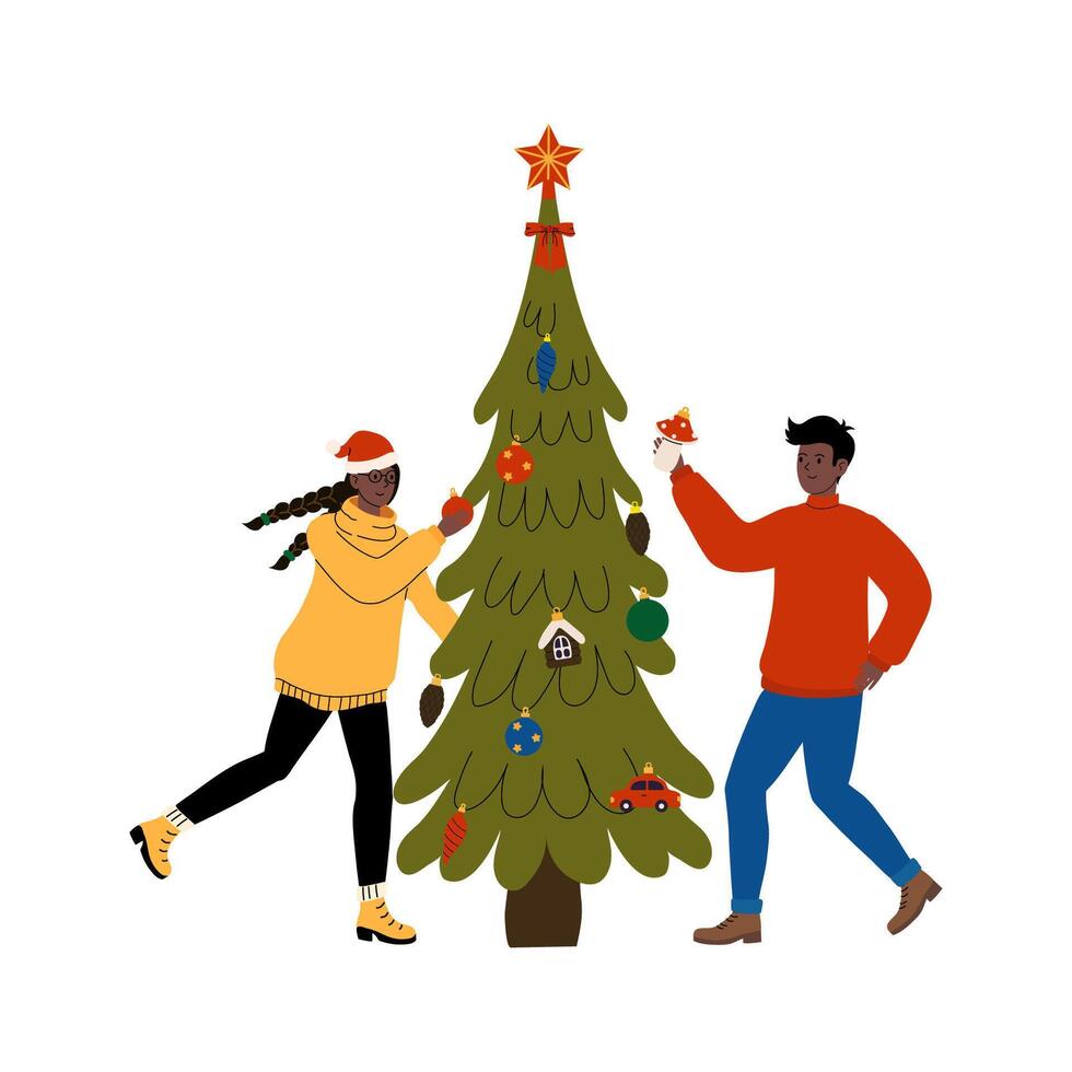 Joyful festive moment with friends decorating a Christmas tree at home during winter vector