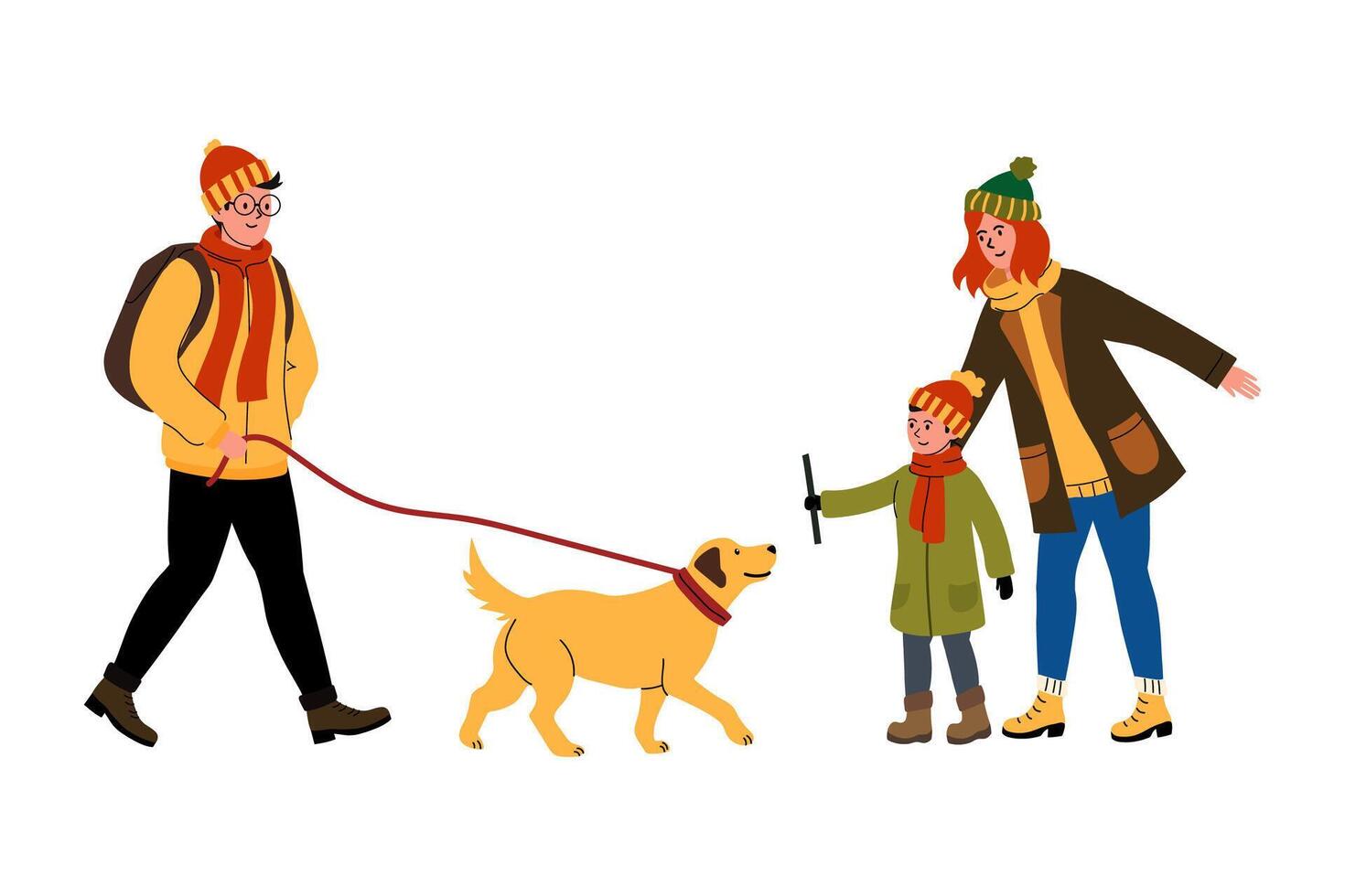 Family enjoys a walk with their dog on a cool day in a park setting vector