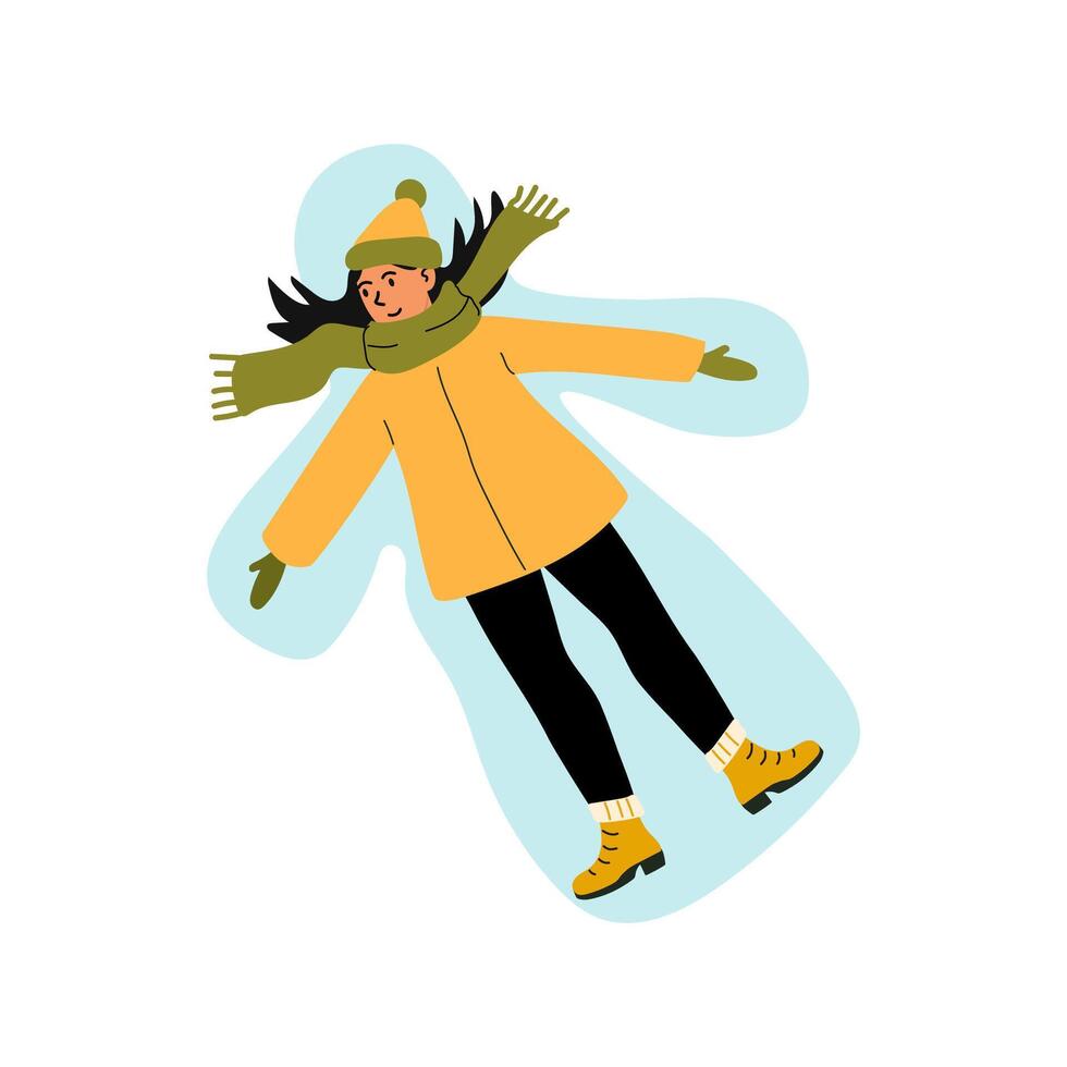 Girl making a snow angel in a cozy winter outfit on a snowy day outdoors vector