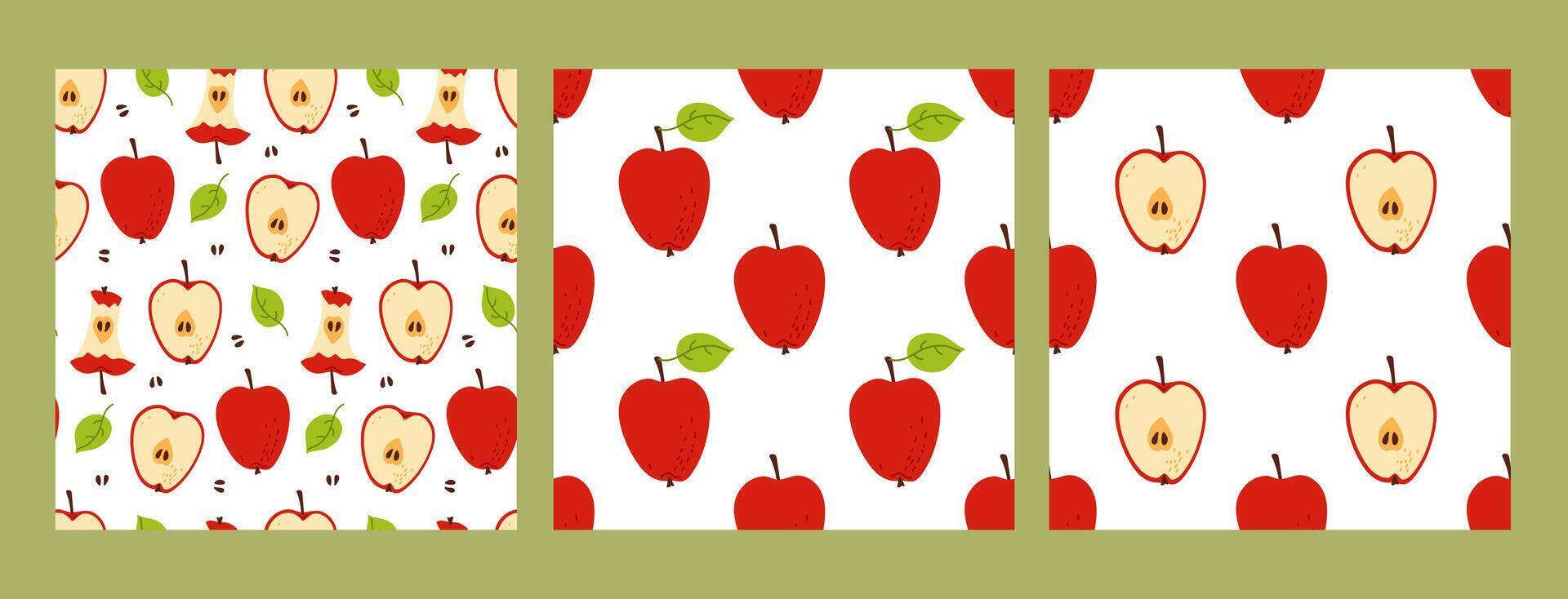 Colorful apple patterns featuring sliced and whole apples on a light background vector