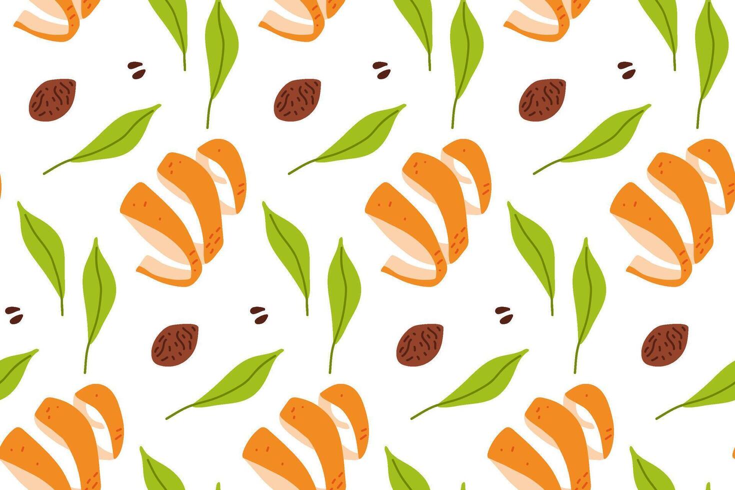 Colorful pattern featuring sliced citrus fruits, leaves, and nuts on a white background vector