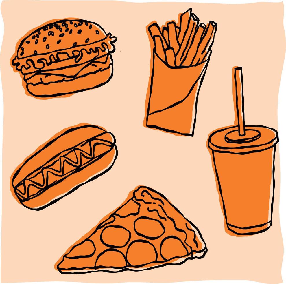 doodle style fast food illustration set vector