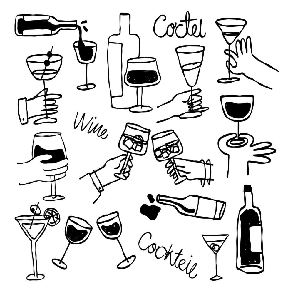 Set of wine and cocktails illustrations in doodle style, drinks illustrations vector