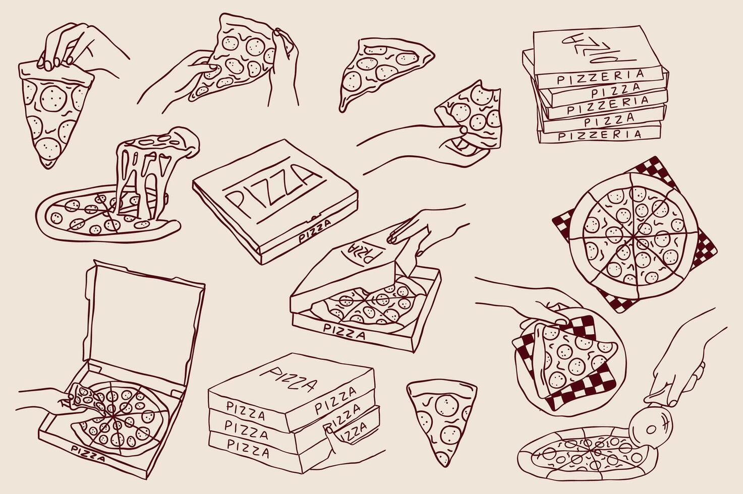 Pizzeria or pizza illustrations, doodles of hands with pizza, pizza boxes and pizza slice in hand drawn line art style vector