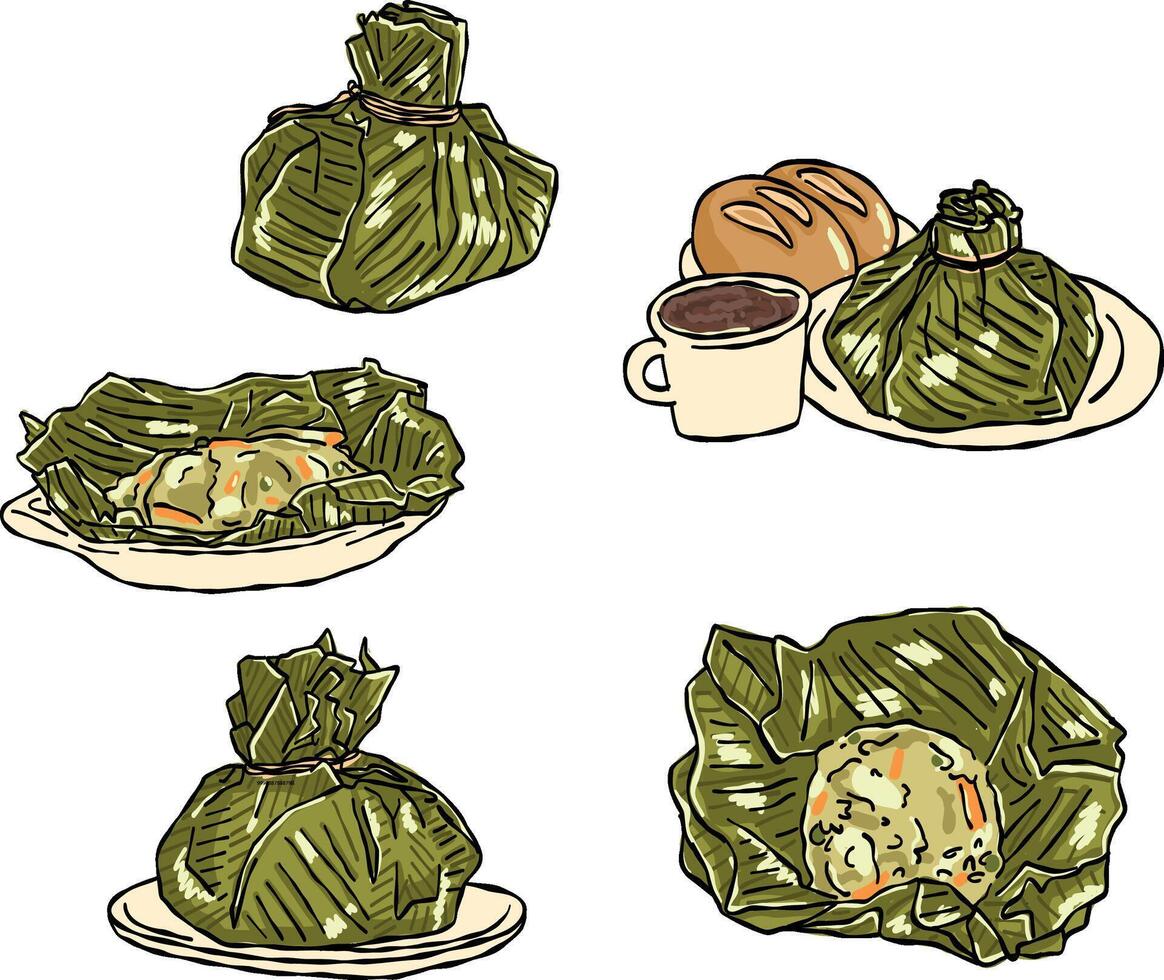 Set of illustrations of tamal tolimense, typical food of Colombia. Colombian tamale vector