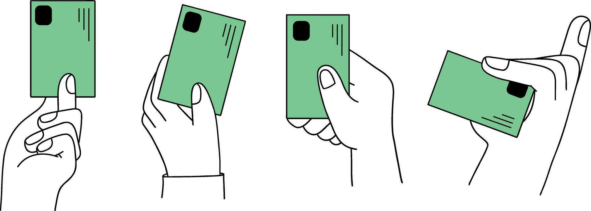 set of simple illustrations in line art or doodle style of hands holding credit cards vector