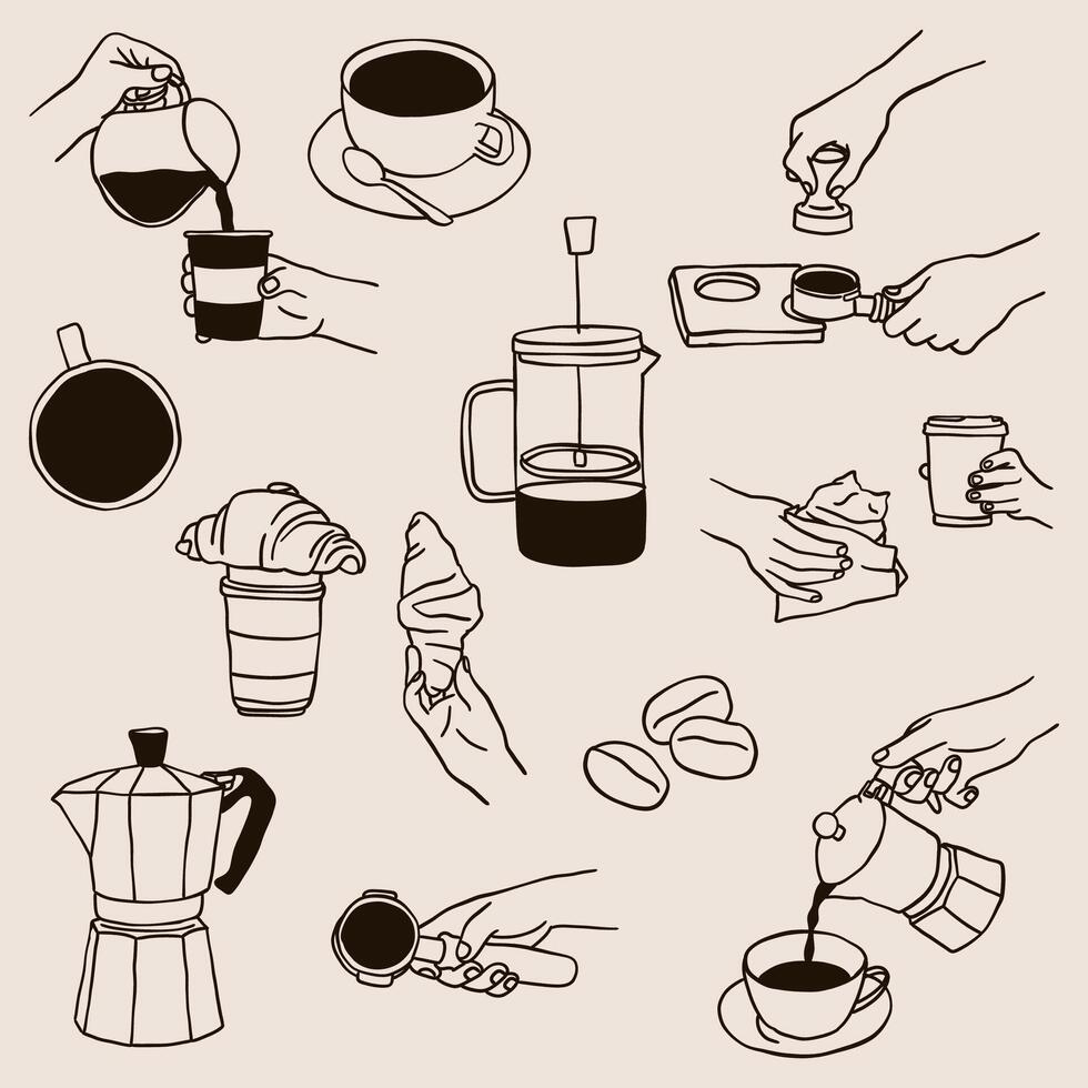 Set of illustrations in linear and doodle style for coffee vector