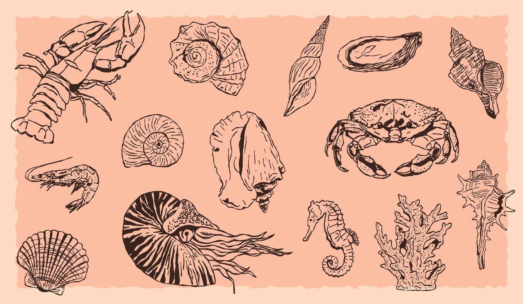 Set of doodle style illustrations about animals, food, or sea objects vector