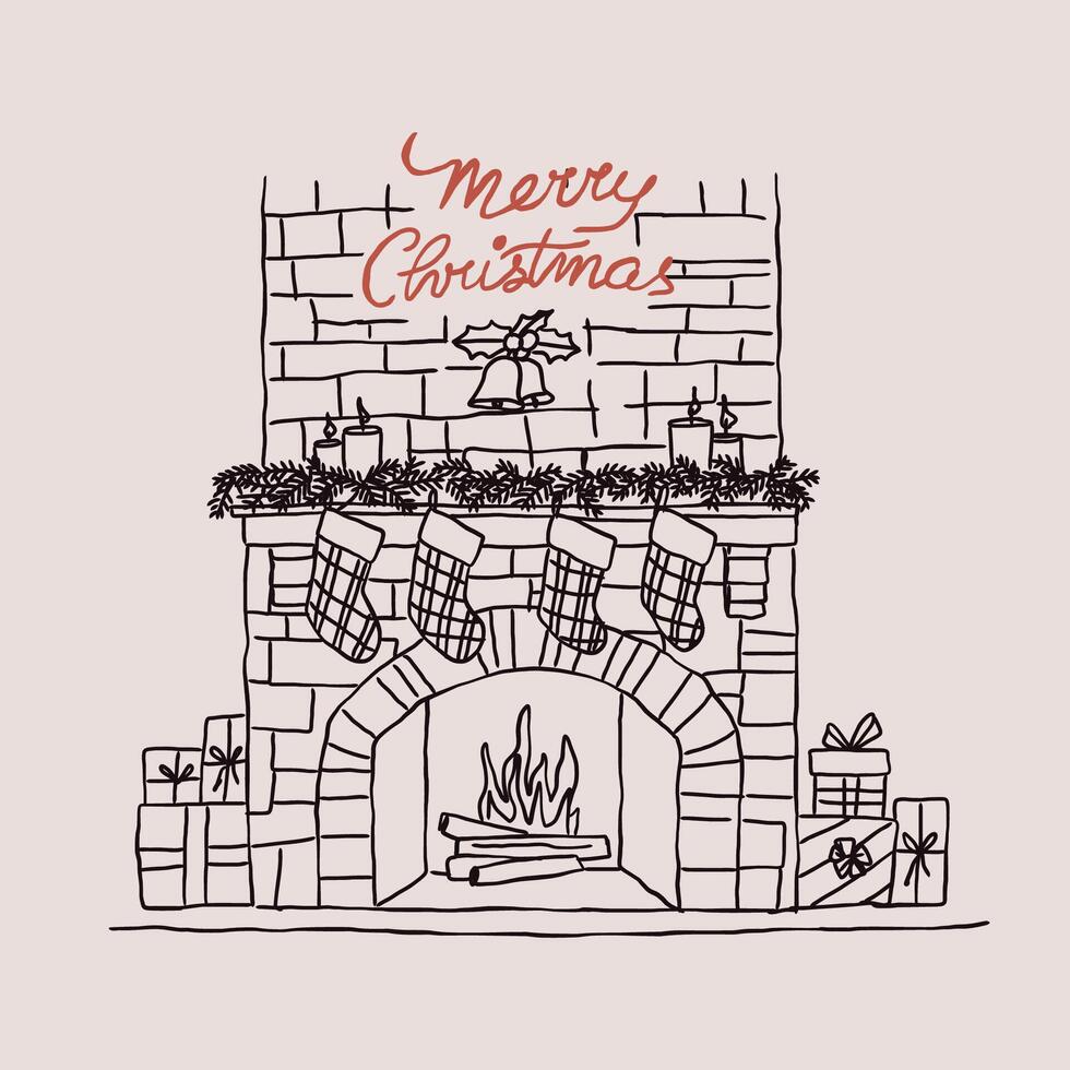 Christmas fireplace illustrations. Merry Christmas post or letter in doodle or sketch style vector