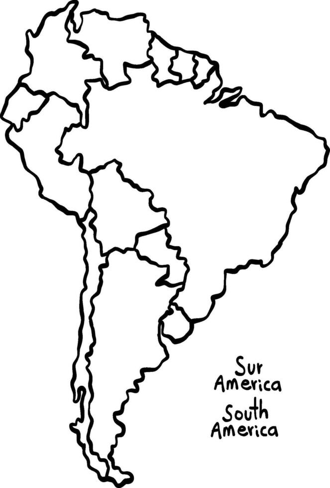 Hand drawn South America map, continuous line drawing, doodle style vector