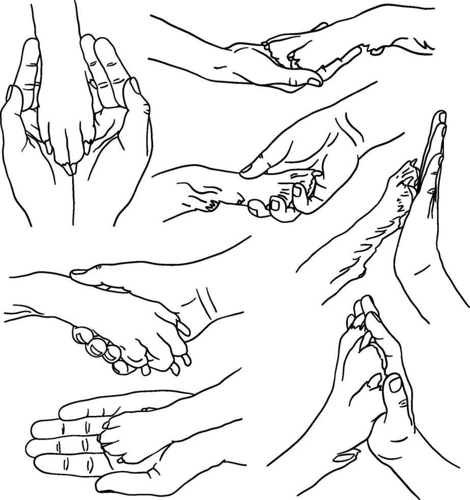 Set of illustrations in line art of hand holding dog paw, pet paw vector