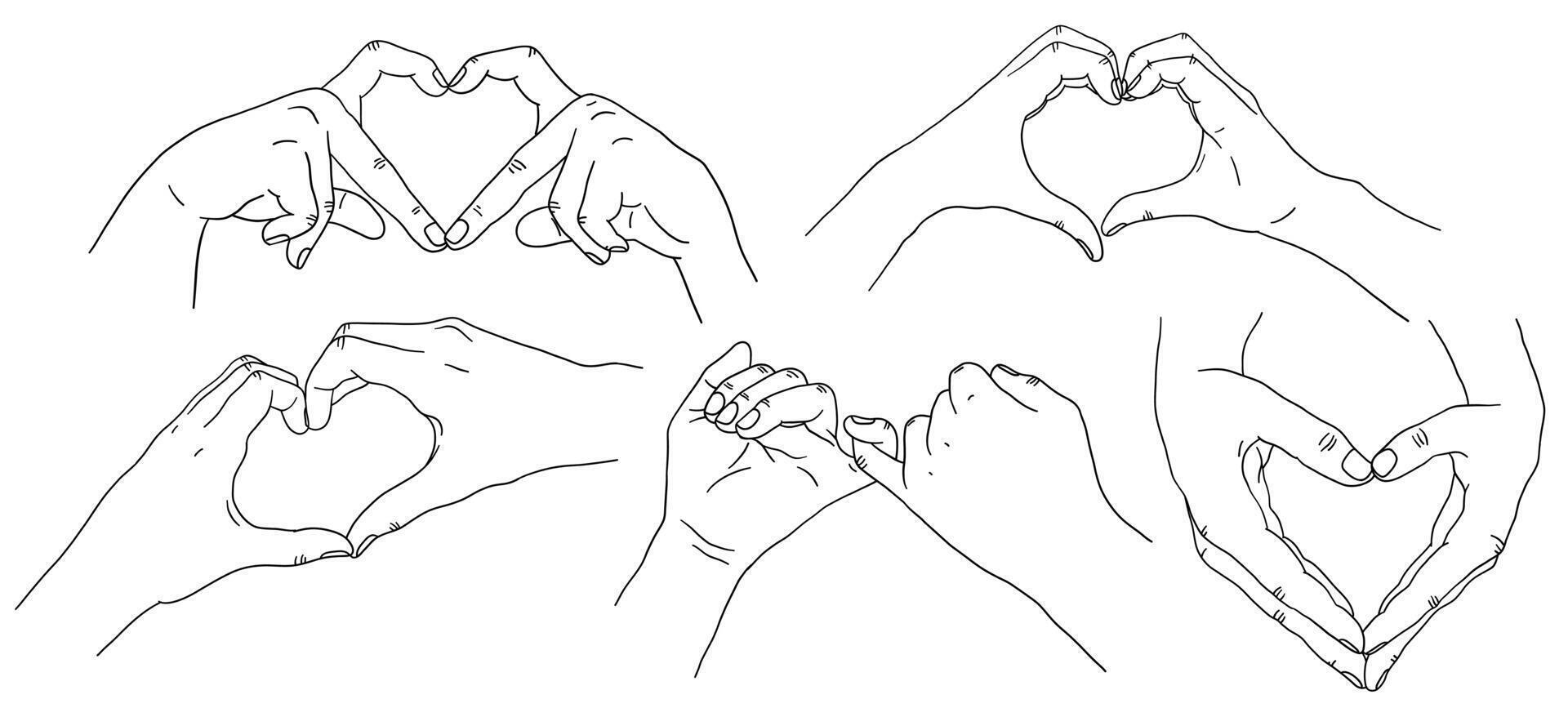 Set of illustrations in line art of couple or friends, hands forming heart, hands promise vector