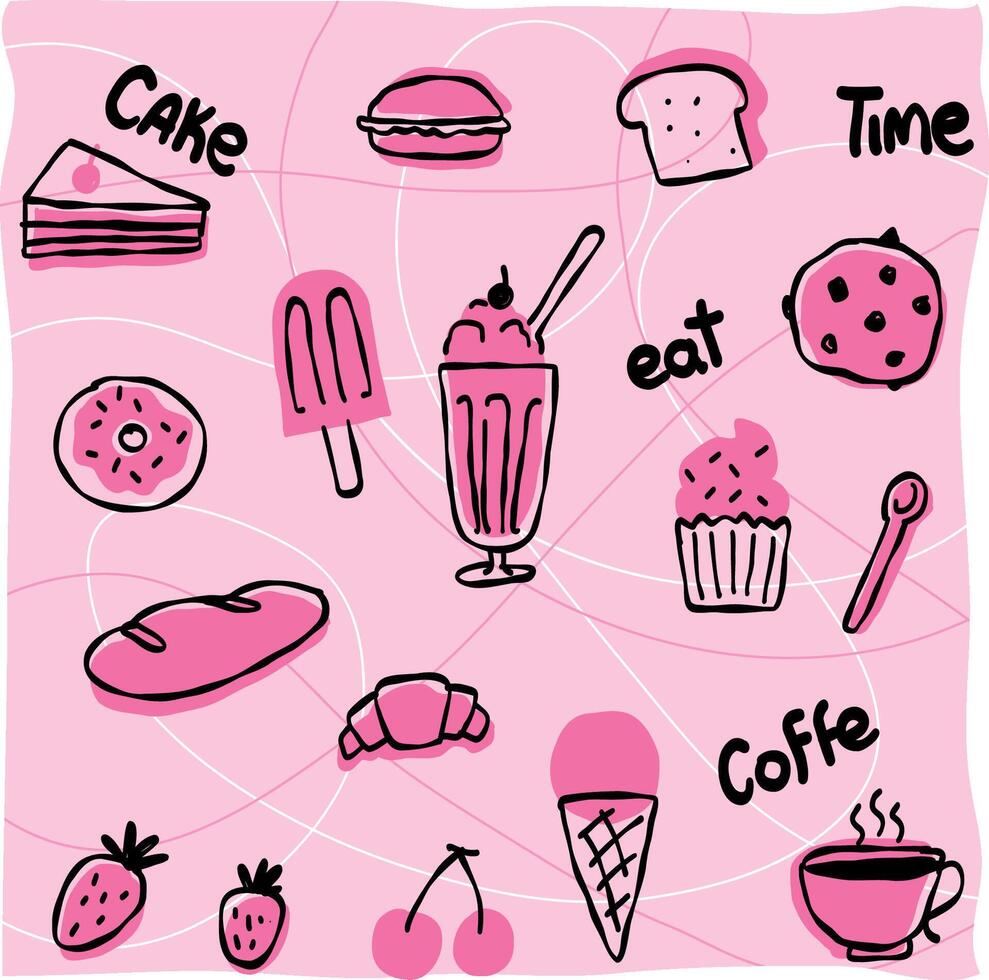 Collection of doodle style illustrations of desserts or bakery or cafe elements vector