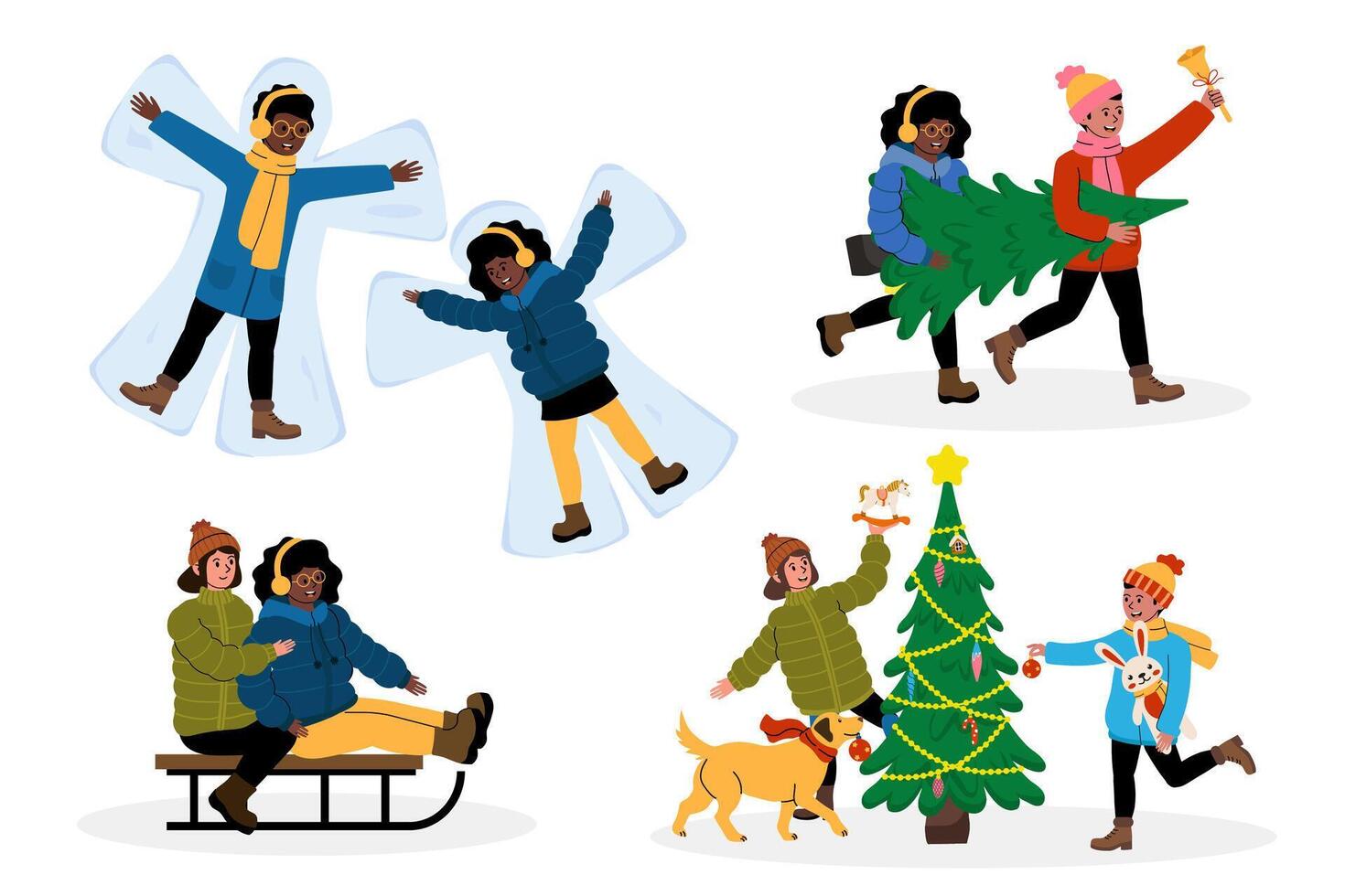 Winter activities bring joy and laughter in a snowy landscape with friends vector