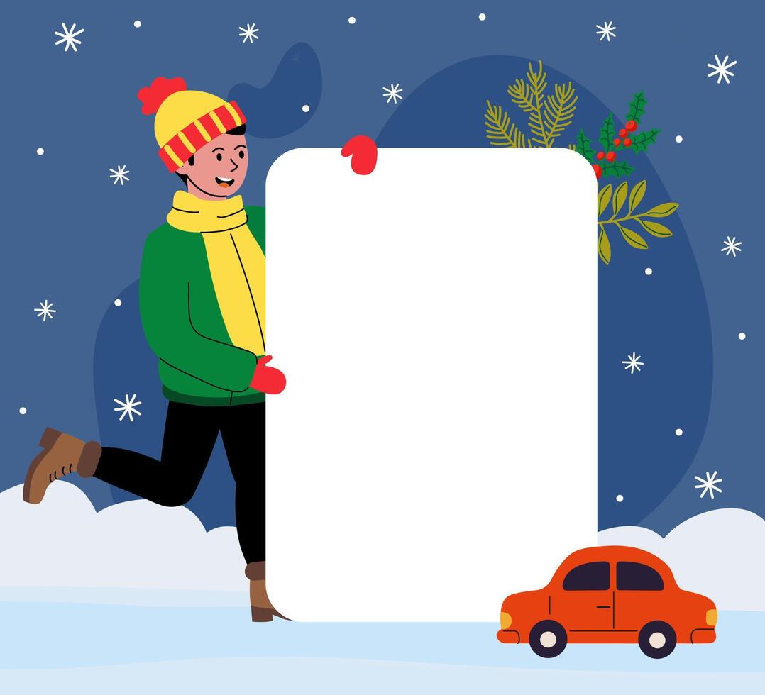Cheerful person holding a blank sign in a snowy winter landscape with a car vector