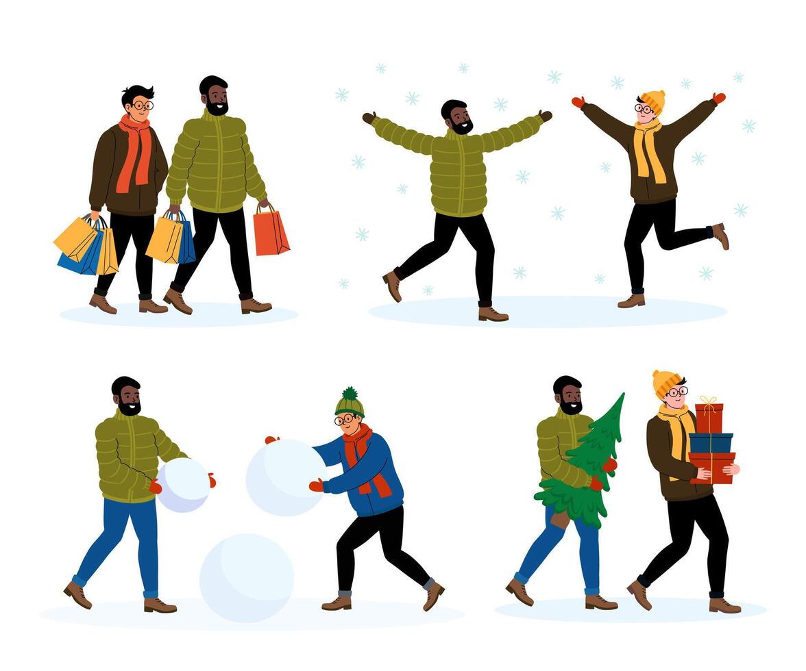 Friends enjoy winter activities and holiday preparations in a snowy environment vector