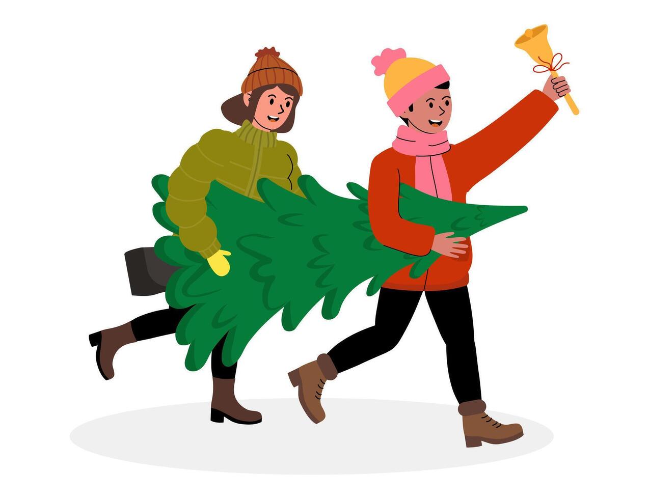 Friends joyfully carrying a Christmas tree in winter attire during holiday season vector