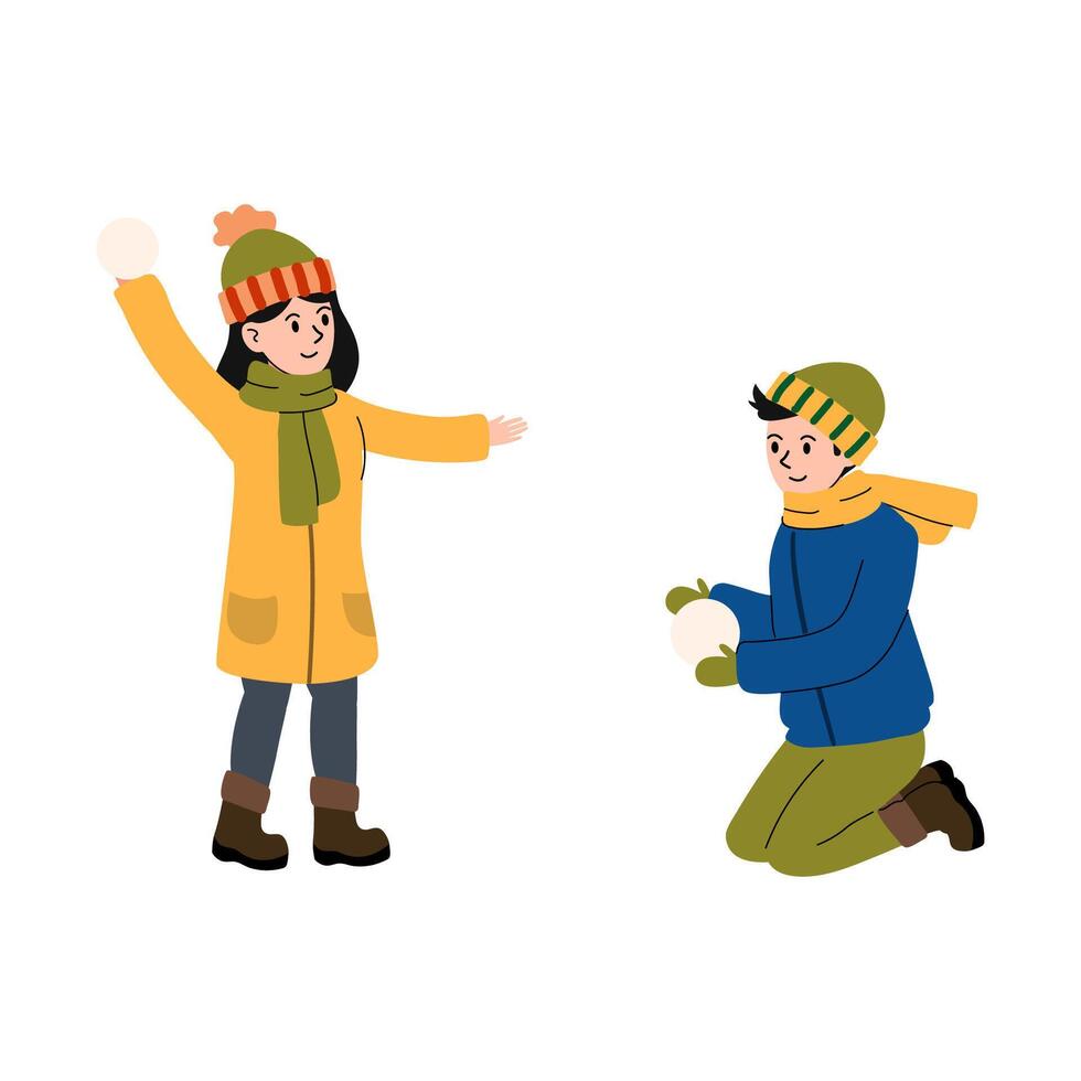 Children playing in the snow with snowballs during a winter afternoon vector